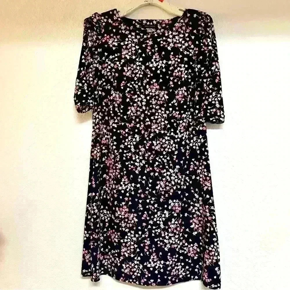 Tommy Hilfiger Navy Blue Floral Puff Sleeve Shirt Dress Y2K